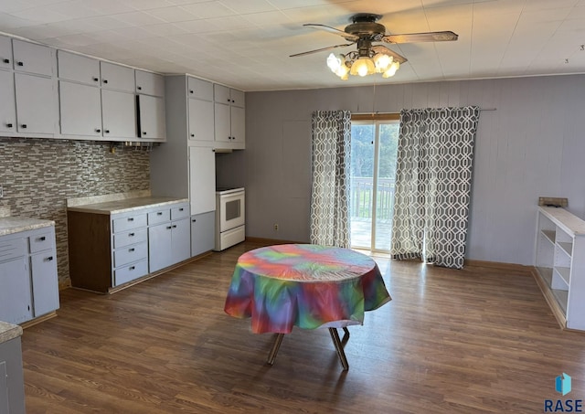 1413 E Rice St, Sioux Falls, SD 57103 - kitchen featuring tasteful backsplash, dark wood-style flooring, light countertops, a ceiling fan, and electric stove