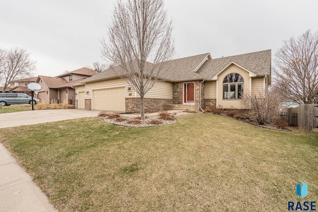 ranch-style house featuring a garage, a front yard, fence, brick siding, and driveway