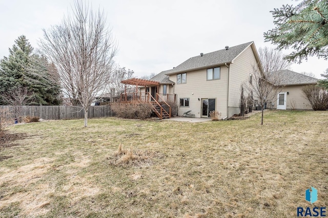 back of house featuring a yard, fence, a patio, and a pergola