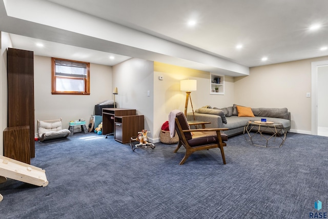 living room with recessed lighting, dark carpet, and baseboards