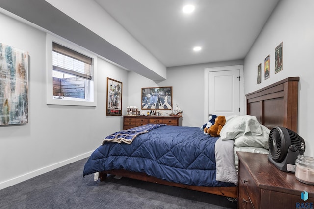 carpeted bedroom with baseboards and recessed lighting