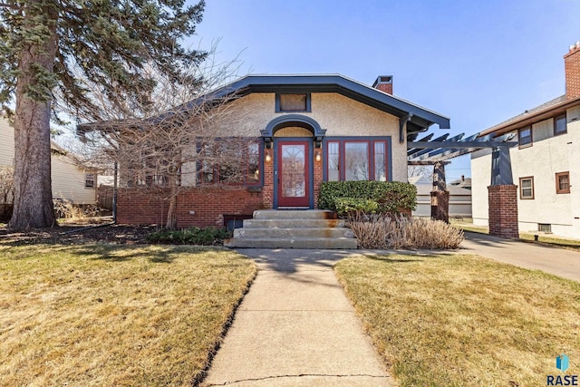 bungalow-style home with a pergola, a front lawn, a chimney, and entry steps