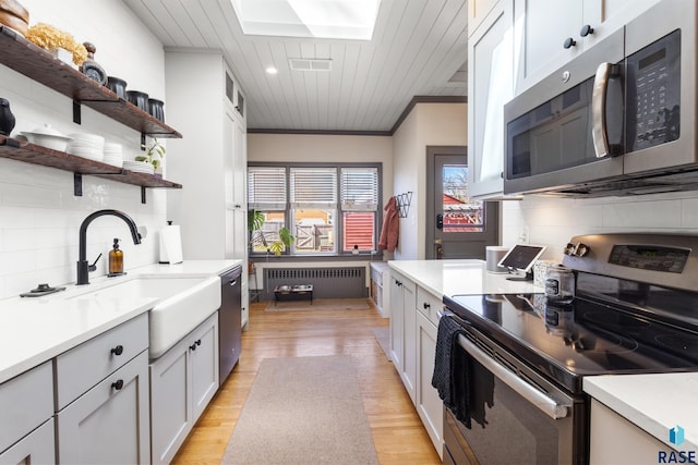 kitchen with light wood finished floors, stainless steel appliances, a sink, radiator, and open shelves