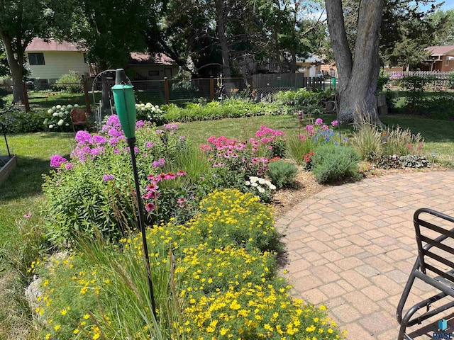 view of yard featuring fence and a patio