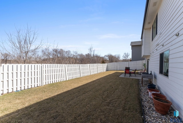 view of yard featuring a fenced backyard and a patio