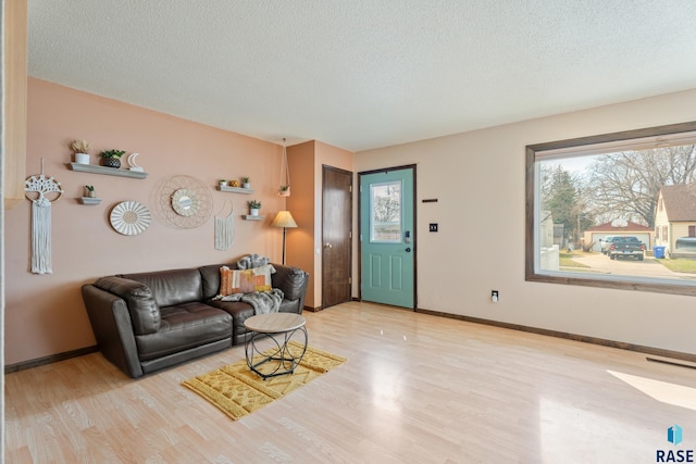living area with a textured ceiling, baseboards, and wood finished floors