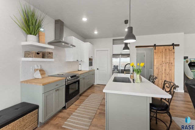 kitchen featuring open shelves, ventilation hood, a barn door, appliances with stainless steel finishes, and a sink