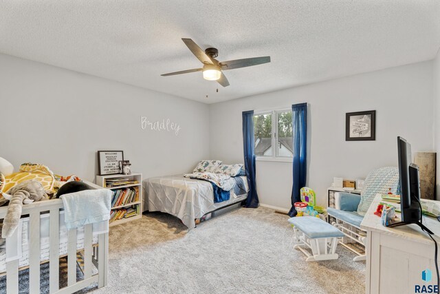 1200 Crestview Dr, Vermillion, SD 57069 - bedroom featuring carpet flooring, a textured ceiling, a ceiling fan, and baseboards