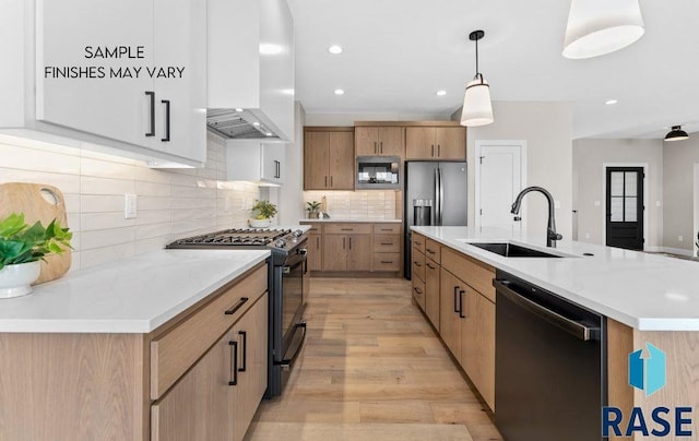 8312 E Wicker Ct, Sioux Falls, SD 57110 - kitchen featuring light wood-type flooring, wall chimney range hood, a sink, stainless steel appliances, and backsplash