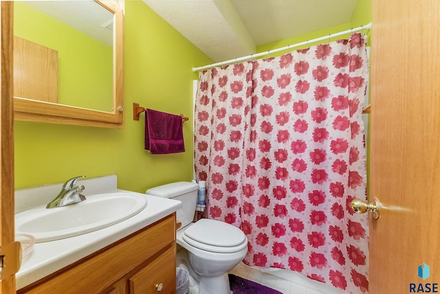 full bathroom with visible vents, a shower with curtain, toilet, vanity, and tile patterned flooring