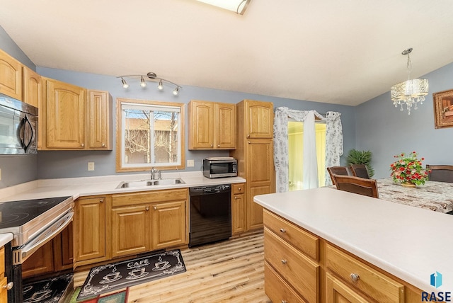 kitchen with an inviting chandelier, black appliances, light countertops, a sink, and light wood finished floors
