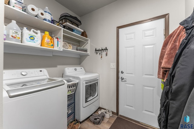laundry area featuring washer and dryer, light wood finished floors, and laundry area