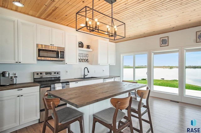 kitchen featuring butcher block countertops, a sink, open shelves, stainless steel appliances, and wooden ceiling