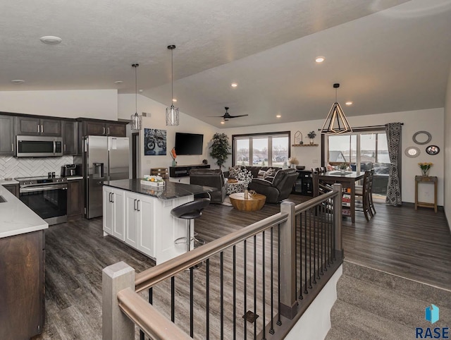 23744 461a Ave # 2, Wentworth, SD 57075 - kitchen with a center island, dark wood-style flooring, a ceiling fan, stainless steel appliances, and lofted ceiling