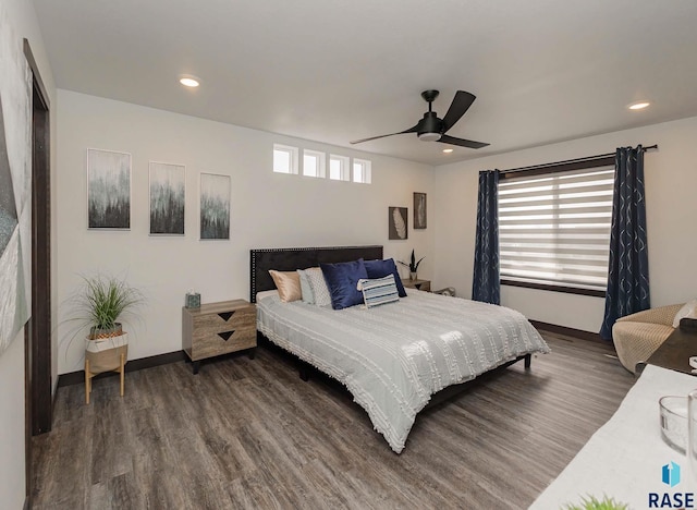 23744 461a Ave # 2, Wentworth, SD 57075 - bedroom featuring dark wood-style flooring, baseboards, recessed lighting, and a ceiling fan