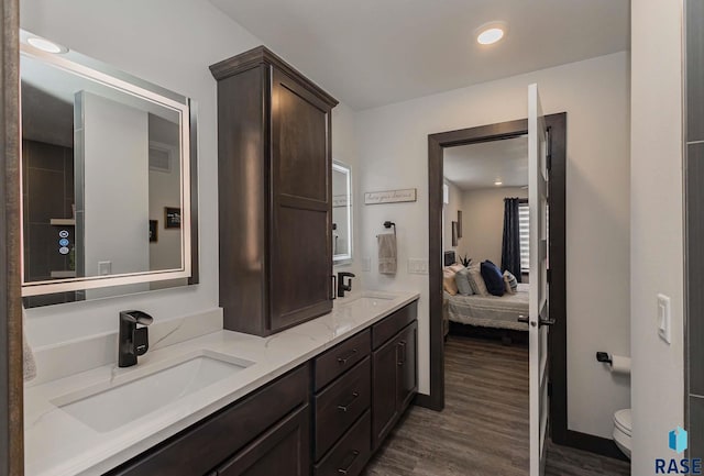23744 461a Ave # 2, Wentworth, SD 57075 - bathroom featuring wood finished floors, double vanity, a sink, and connected bathroom