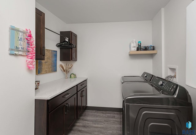 23744 461a Ave # 2, Wentworth, SD 57075 - washroom with cabinet space, baseboards, washing machine and dryer, and dark wood-style flooring
