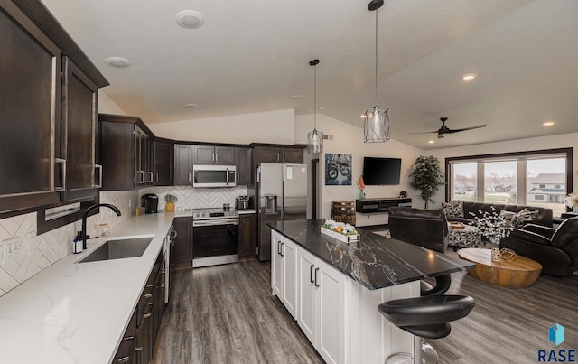 23744 461a Ave # 2, Wentworth, SD 57075 - kitchen with lofted ceiling, open floor plan, dark wood finished floors, stainless steel appliances, and a sink