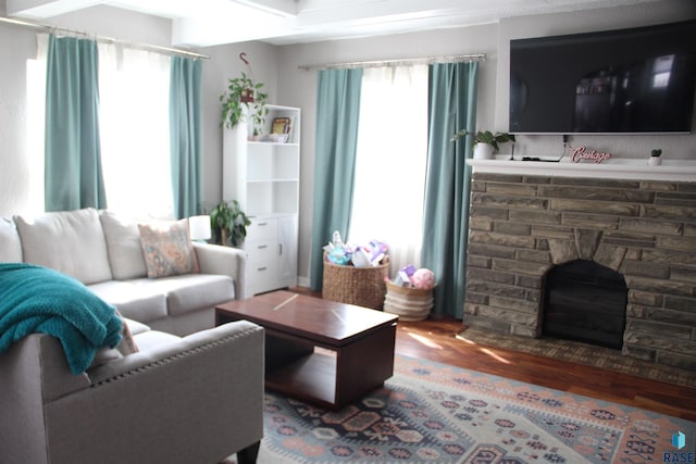 living room featuring wood finished floors and a stone fireplace