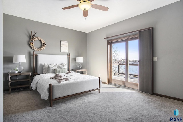 bedroom featuring access to exterior, a ceiling fan, carpet flooring, and baseboards