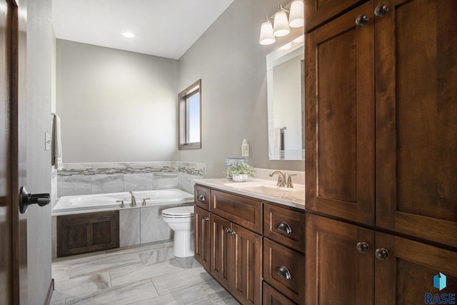 full bath featuring marble finish floor, a bath, vanity, and toilet
