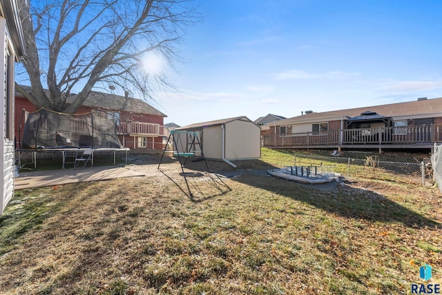 3325 E Manor Cir, Sioux Falls, SD 57103 - view of yard with an outbuilding, a fenced backyard, a trampoline, and a shed