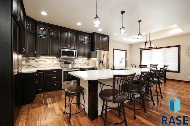 105 N Nora St, Viborg, SD 57070 - kitchen featuring a sink, tasteful backsplash, dark wood-type flooring, and stainless steel appliances