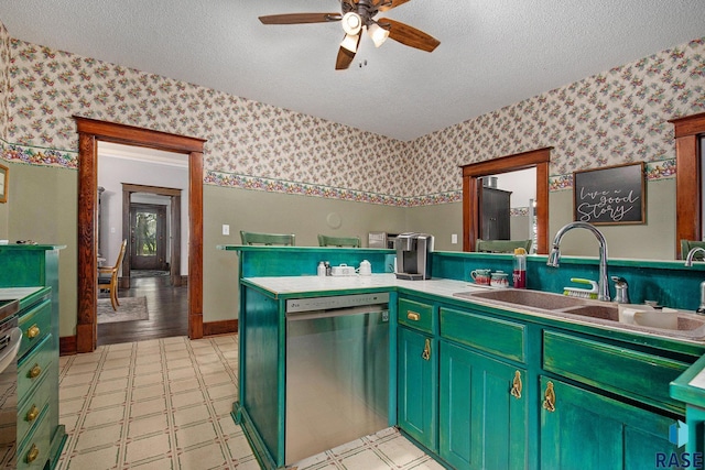 28128 462nd Ave, Davis, SD 57021 - kitchen featuring wallpapered walls, a textured ceiling, ceiling fan, stainless steel dishwasher, and a sink