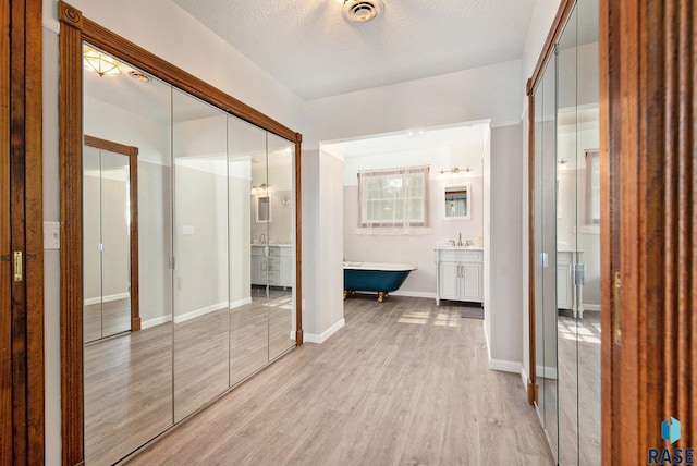 28128 462nd Ave, Davis, SD 57021 - corridor featuring baseboards, light wood-style flooring, a textured ceiling, visible vents, and a sink