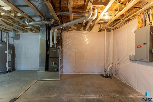 unfinished basement with water heater, heating unit, and electric panel