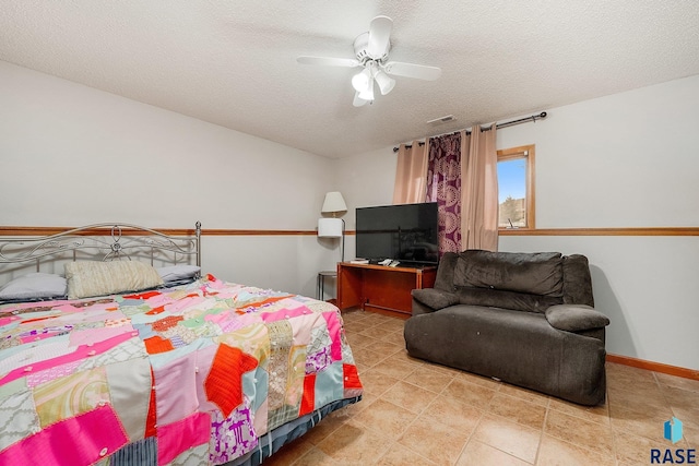 bedroom featuring a textured ceiling and ceiling fan