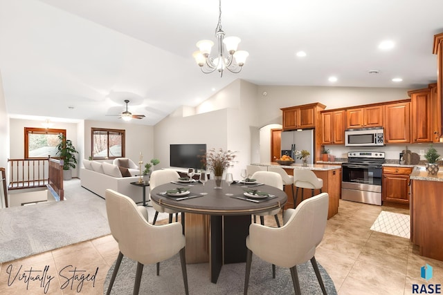dining space featuring light tile patterned floors, recessed lighting, vaulted ceiling, and ceiling fan with notable chandelier