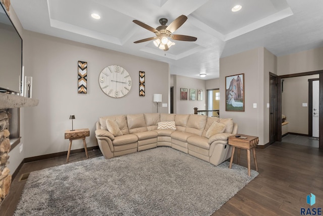 5320 S Solono Ave, Sioux Falls, SD 57108 - living room featuring baseboards, recessed lighting, dark wood-style floors, coffered ceiling, and ceiling fan