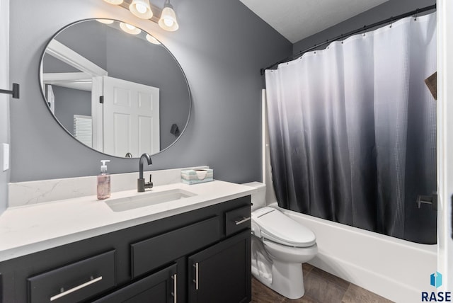 full bath with toilet, vanity, and shower / bathtub combination with curtain