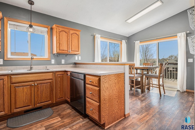 kitchen with vaulted ceiling, a sink, light countertops, dark wood finished floors, and a peninsula