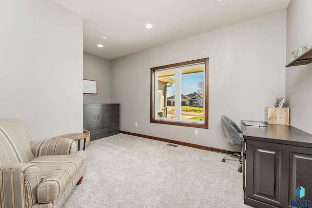carpeted office featuring recessed lighting, visible vents, and baseboards