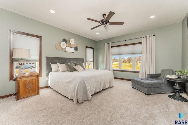 bedroom with baseboards, a ceiling fan, carpet flooring, and recessed lighting