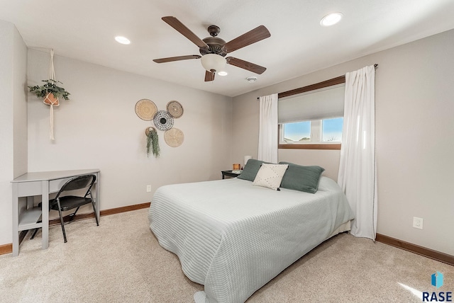 bedroom with recessed lighting, carpet, a ceiling fan, and baseboards