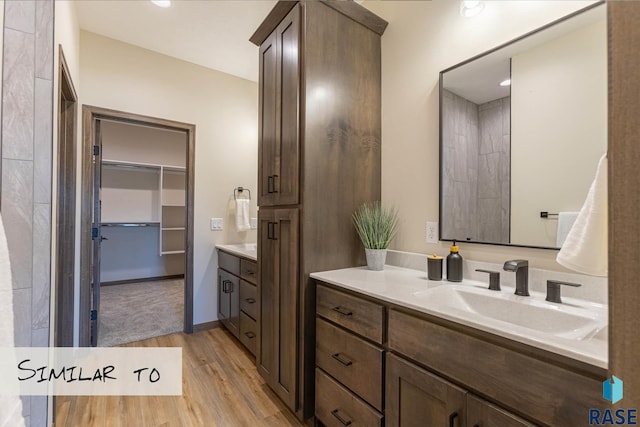bathroom featuring wood finished floors, a spacious closet, and vanity