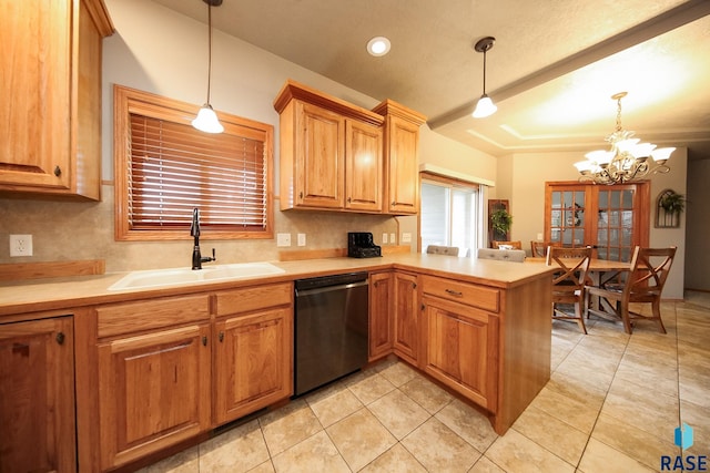 7304 W Lobelia St, Sioux Falls, SD 57106 - kitchen featuring a sink, light countertops, a peninsula, and dishwasher