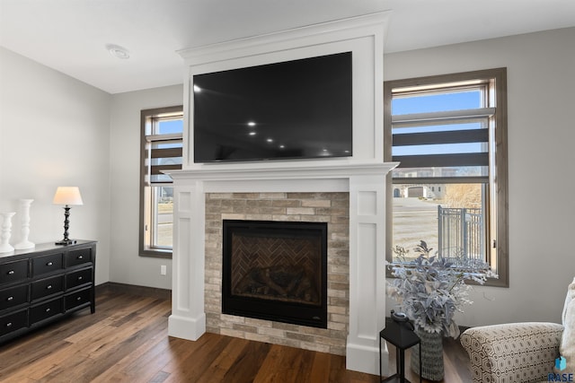 912 Torrey Pine Ln, Sioux Falls, SD 57110 - interior details featuring a glass covered fireplace, baseboards, and wood finished floors
