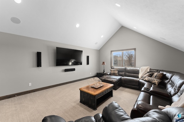 912 Torrey Pine Ln, Sioux Falls, SD 57110 - living room featuring lofted ceiling, light carpet, baseboards, and recessed lighting