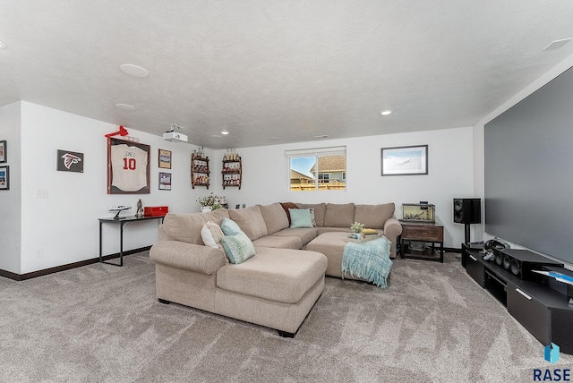 living area featuring baseboards, carpet flooring, and recessed lighting