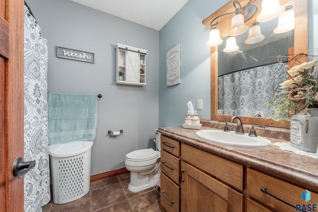 full bathroom with vanity, baseboards, toilet, tile patterned flooring, and a shower with shower curtain