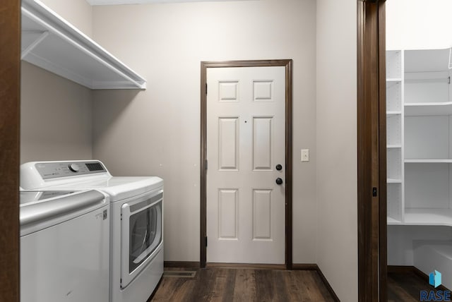 3508 E Prairie Wind St, Sioux Falls, SD 57108 - laundry area featuring separate washer and dryer, baseboards, dark wood-style floors, and laundry area