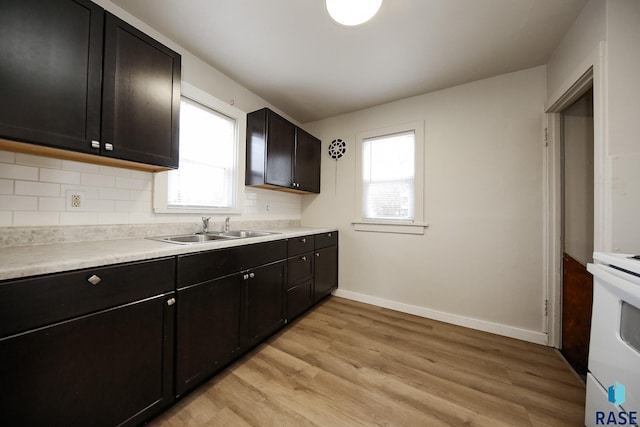 1330 W 14th St, Sioux Falls, SD 57104 - kitchen with range with electric cooktop, a sink, baseboards, decorative backsplash, and light wood-style flooring