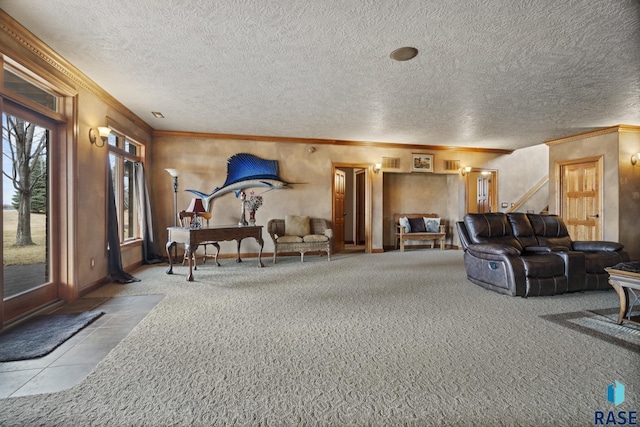 6301 S Grand Prairie Dr, Sioux Falls, SD 57108 - living area with carpet, a textured ceiling, crown molding, and baseboards
