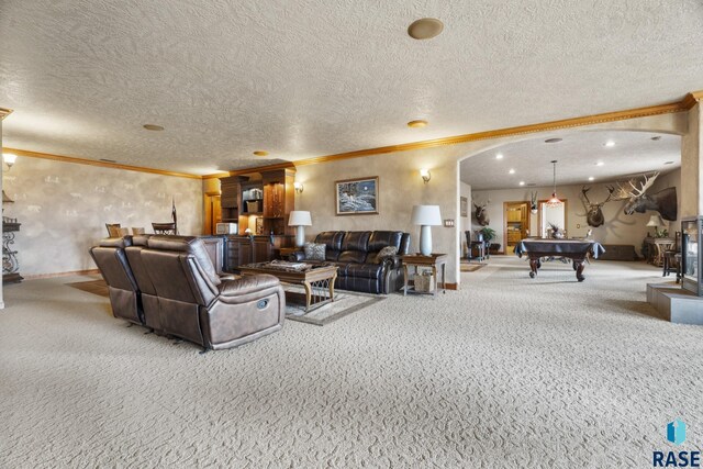 6301 S Grand Prairie Dr, Sioux Falls, SD 57108 - carpeted living area featuring billiards, arched walkways, a textured ceiling, and ornamental molding