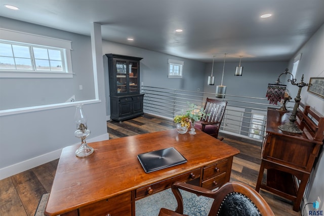 office space with recessed lighting, baseboards, and dark wood-style flooring