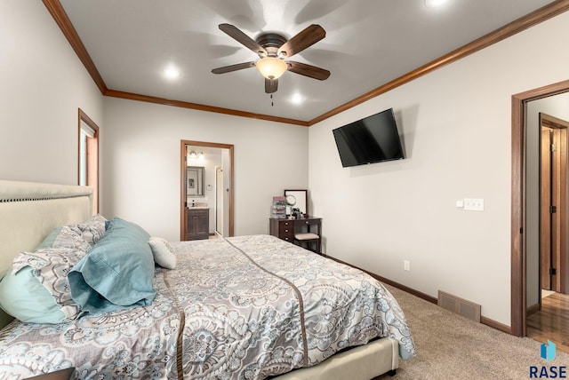 5508 S Sirocco Ave, Sioux Falls, SD 57108 - carpeted bedroom featuring crown molding, ceiling fan, baseboards, visible vents, and recessed lighting